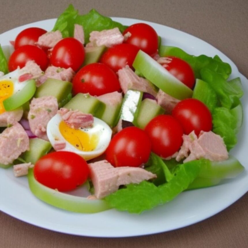 Przepyszna sałatka z tuńczykiem, pomidorem, ogórkiem i jajkiem